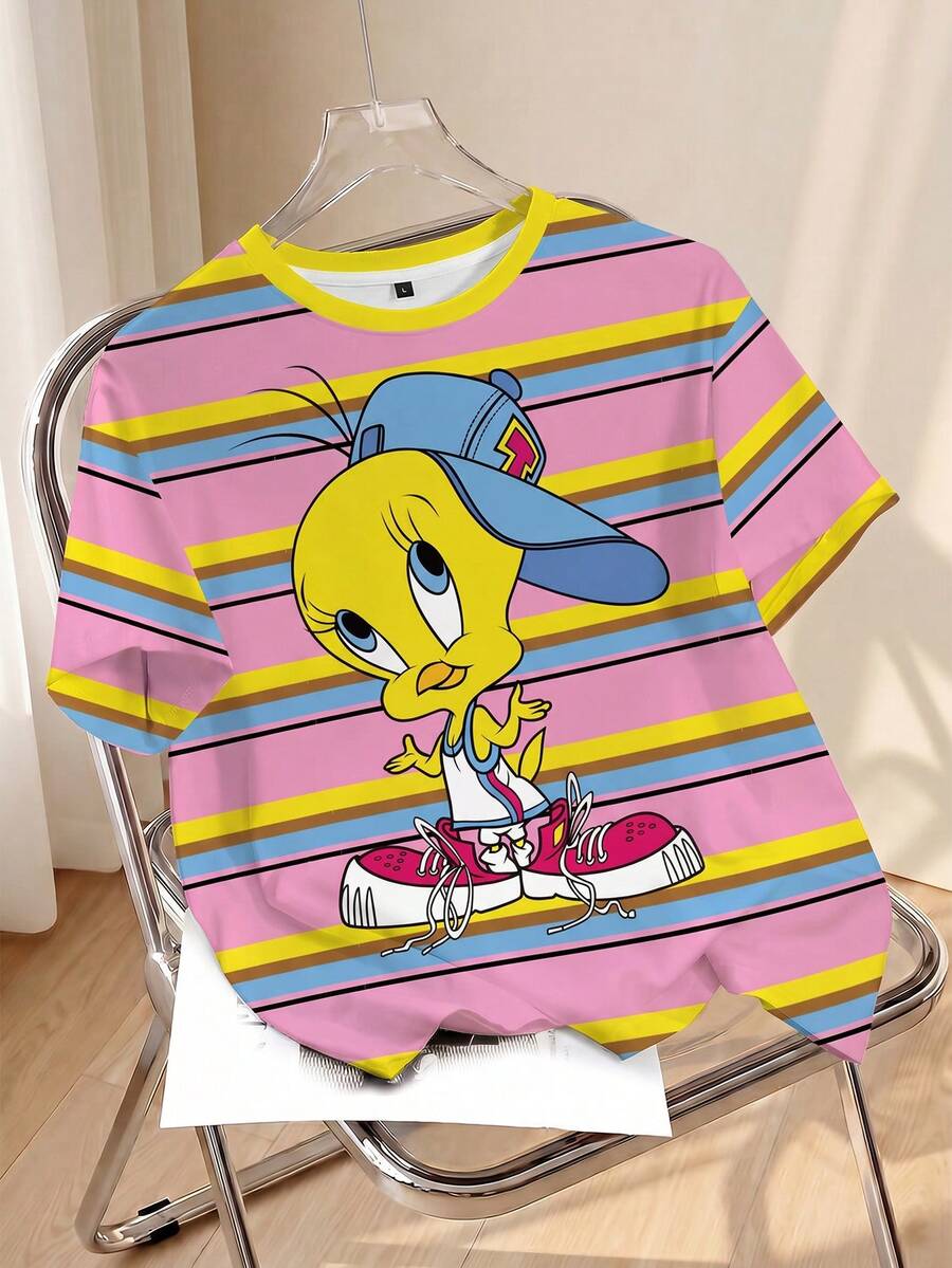 LOONEY TUNES X SHEIN Women's Casual Striped Cartoon Print T-Shirt, Summer - White - View 1