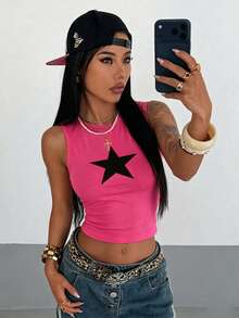 StreetHx Tank Top Crop Leher Bulat Motif Bintang Hitam Modis untuk Wanita - Hot Pink - View 5