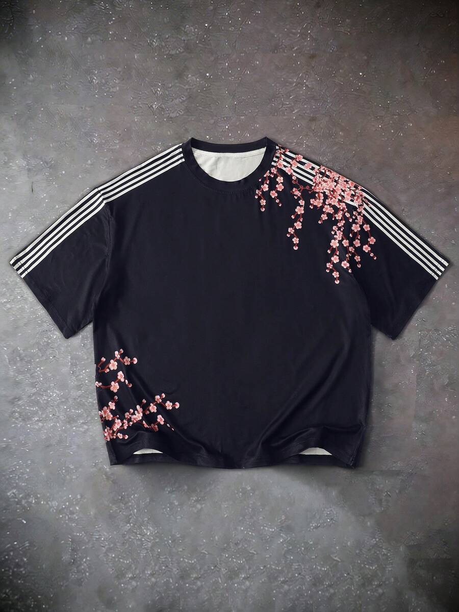 Manfinity EMRG Camiseta masculina casual de manga curta com estampa de flor de cerejeira e detalhes listrados, ideal para o verão. - Multicolorido - Ver 1