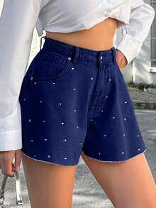 EURMUSE 100Cotton MID WAIST DIAMOND DETAILED SHORT Work Navy Blue Summer Streetwear - Dark Wash - View 7
