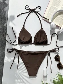 Swim Mod Women's Summer Halter Neck Triangle Cup Side Tie Sexy Dual Fabric Bikini Swimsuit For Beach Vacation - Brown - View 2