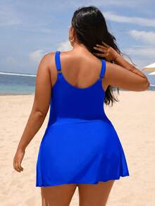 Swim Lushoire Plus Size Women's Solid Color Ruched One-Piece Swimsuit, Suitable For Beach Vacation, Pool Party, Beach Party - Royal Blue - View 2