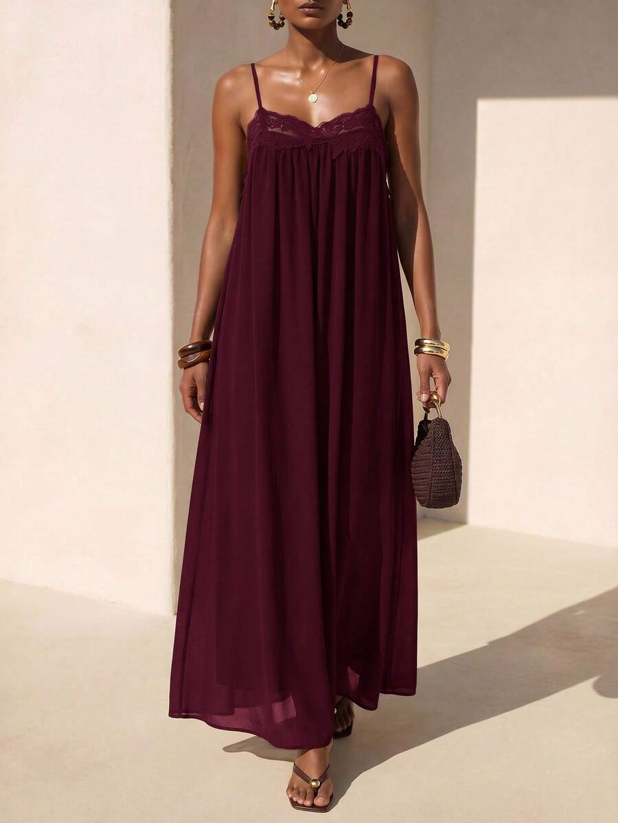 Zivah Women's Lace Patchwork Casual Party Long Cami Dress - Purple - View 1