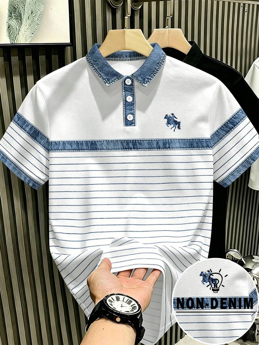 Manfinity Hypemode 復古丹寧風藍白拼色條紋 Polo 衫,馬標印花藝術領短袖上衣,男女款圖案 T-shirt,百搭夏季休閒襯衫 - 彩色 - 查看 1