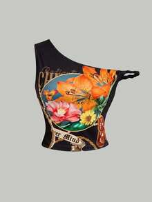 SHEIN MOD Plus Size Women's Black Summer Curve Vintage Sexy Boho Retro Print Asymmetric One-Shoulder Twist Knot Top, Elegant Party Date Night Vacation Blouse - Black - View 8