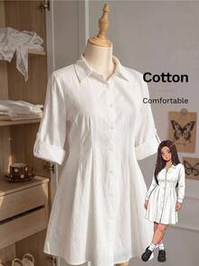 Comfortcana Plus Size Women's White Casual Elegant Single-Breasted Dress Teachers' Day Office Summer - White - View 13