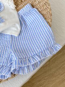 SHEIN Baby Girl Bow Decor Tank Top & Striped Shorts Set - Blue and White - View 12