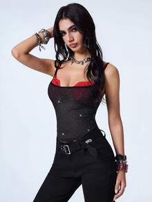 Y2Kool Red And Black Colorblock Lace Patchwork Mesh Rhinestone Sheer Sexy Y2K Punk Casual Street Style Women's Tank Top Summer Parties Going Out Club Holiday - Red and Black - View 1