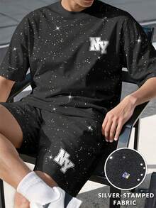 Lornexis Men's Silver Foil Letter Print T-Shirt And Shorts Set, Holiday - Black - View 1