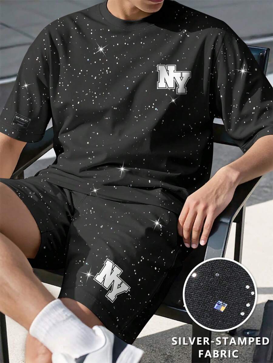 Lornexis Men's Silver Foil Letter Print T-Shirt And Shorts Set, Holiday - Black - View 1