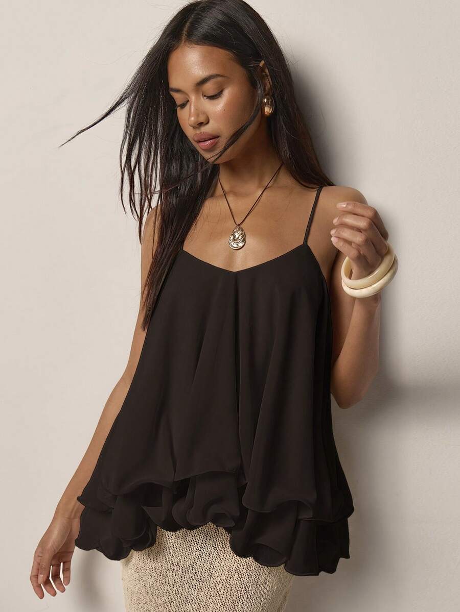 COSMINA Elegantes lässiges Damen-Camisole-Top mit Rüschensaum in Unifarbe, BOHO-Urlaubs-Y2K-romantisches Ausgeh-Camisole-Top - Braun - Übersicht 1