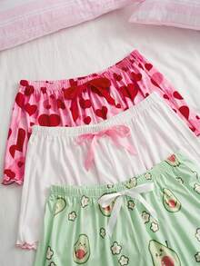 Slumberry CURVE Sweet Cute Ins Cartoon Avocado Heart & Solid Color Plus Size Women's Pajama Shorts 3pcs Set - Multicolor - View 5