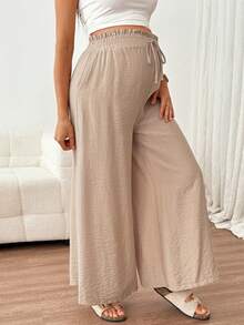 SHEIN Maternity Spring/Summer Comfortable Elastic Waist Drawstring Solid Color Long Pants Suitable For Beach, Holiday, Vacation,,Autumn Outfit For Women - Khaki - View 4