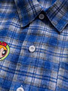 THE POWERPUFF GIRLS X SHEIN Men's Plaid Short Sleeve Single-Breasted Shirt, - Blue - View 5
