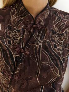 Nöista Mandarin Neck Jacquard Top-For Night Out Vacation, Formal Event, Day-To-Night; Autumn Everyday. - Coffee Brown - View 6