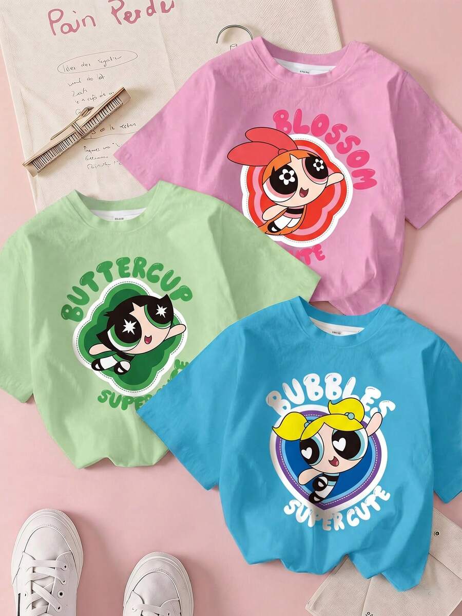 THE POWERPUFF GIRLS X SHEIN 女童休闲可爱字母卡通人物印花短袖T恤,夏季 - 彩色 - 查看 1