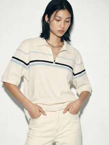 FRIFUL 女款半鈕扣POLO領寬鬆藍白條紋撞色T恤，學院風休閒，適合夏季、早午餐、日常上學穿著 - 白色 - 查看 11