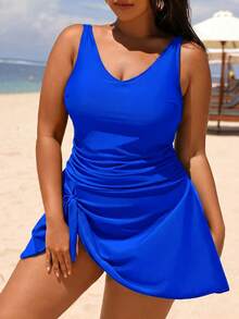 Swim Lushoire Plus Size Women's Solid Color Ruched One-Piece Swimsuit, Suitable For Beach Vacation, Pool Party, Beach Party - Royal Blue - View 5