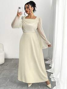Modelyn Plus Size Patchwork Cinched Waist Long Sleeve A-Line Dress Fall Cloth For Women - Apricot - View 4