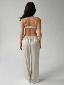 Livesso Solid Color Spaghetti Strap Adjustable Bra Loose Straight Leg Long Pajama Pants Lace Patchwork 2pcs Set Summer Wear Women's Pajama Set - Beige - View 2
