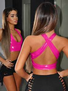 SHEIN ICON Women's Summer Solid Color Sexy PU Leather Halter Neck Cross Strap Tank Y2K Country Concert Rave Festival Red Cross Back Crop Top - Hot Pink - View 1