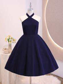 Robe formelle bleu marine pour adolescentes, bretelles spaghetti croisées, robe minimaliste élégante, tissu léger et doux, convient pour les vacances, la remise des diplômes, la rentrée scolaire, la saison des mariages, les différents bals et les occasions formelles - Bleu marine - Voir 5