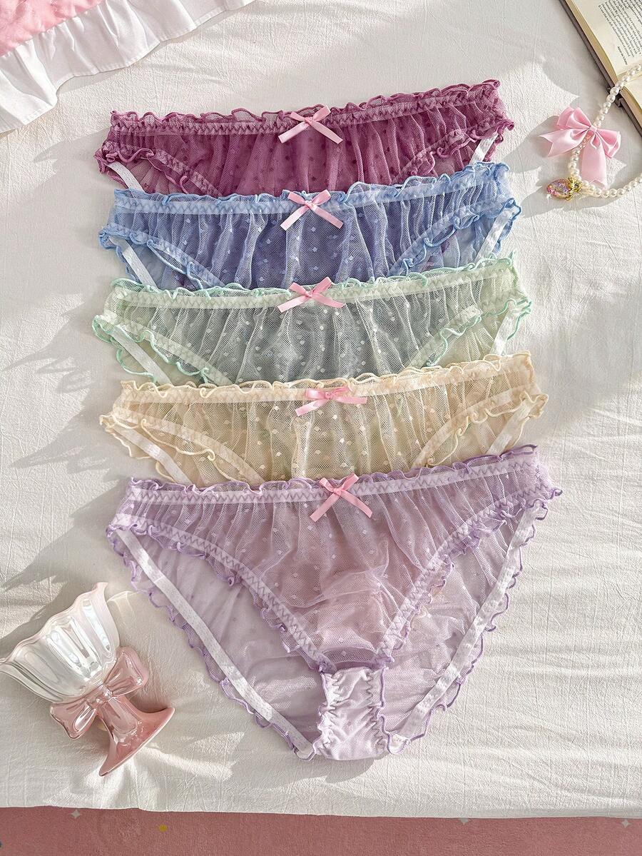 PetitDoll 大尺碼女款 5件組甜美圓點輕盈蕾絲網紗荷葉邊飾三角內褲 - 彩色 - 查看 1