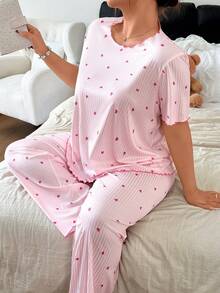 Napfluff CURVE Napfluff CURVE Conjunto de pijama acanalado para mujer talla grande con estampado romántico de corazones - Rosa - Ver 8