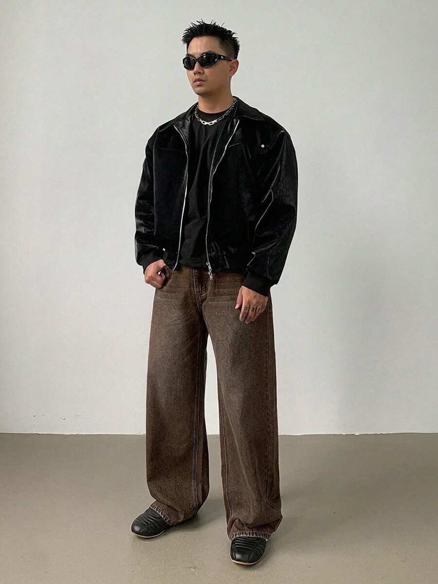 DAZY 男士做旧水洗深蓝色牛仔裤,秋季款 - 棕色 - 查看 1