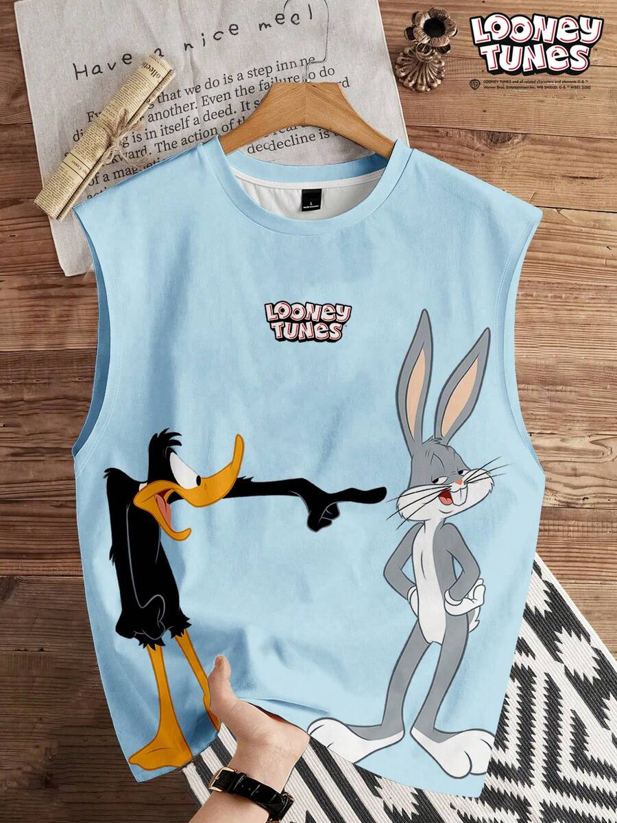 LOONEY TUNES X SHEIN Manfinity Joysei Men's Minimalist Printed Sleeveless Tank Top, Holiday - Baby Blue - View 1