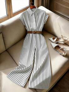 SHEIN Holidaya Women's Striped Fabric Shirt Collar Cap Sleeve Belt Decor Jumpsuit, Commuter Style - Black and White - View 3