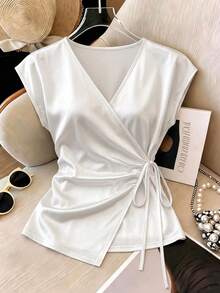 Franclia Plus Size Women's French Casual Elegant V-Neck Short Sleeve T-Shirt Wedding Guest White Summer - White - View 8