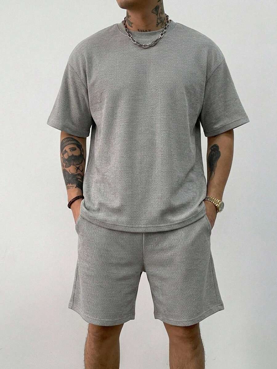 DAZY Men's Regular Fit Solid Gray T-Shirt Set For Summer - Grey - View 1