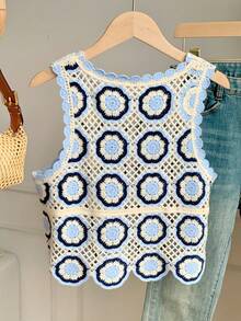 Comfortcana Women's Round Neck Geometric Print Casual Versatile Daily Outing Knit Top - Blue - View 2