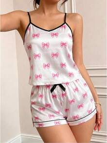 Girls Pajamas, White With Pink Bow Pattern Print, Comfortable Soft Satin Fabric Camisole Top And Shorts, 2 Pieces Loungewear Set - Multicolor - View 3