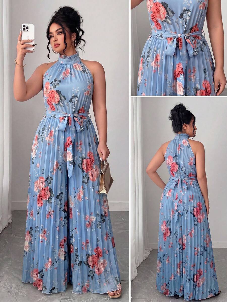 SHEIN LUNE CURVE 大尺碼女款淺藍色碎花百褶掛脖寬腿連身褲,附腰帶,適合夏季婚禮派對度假正式優雅場合 - 霧霾藍 - 查看 1