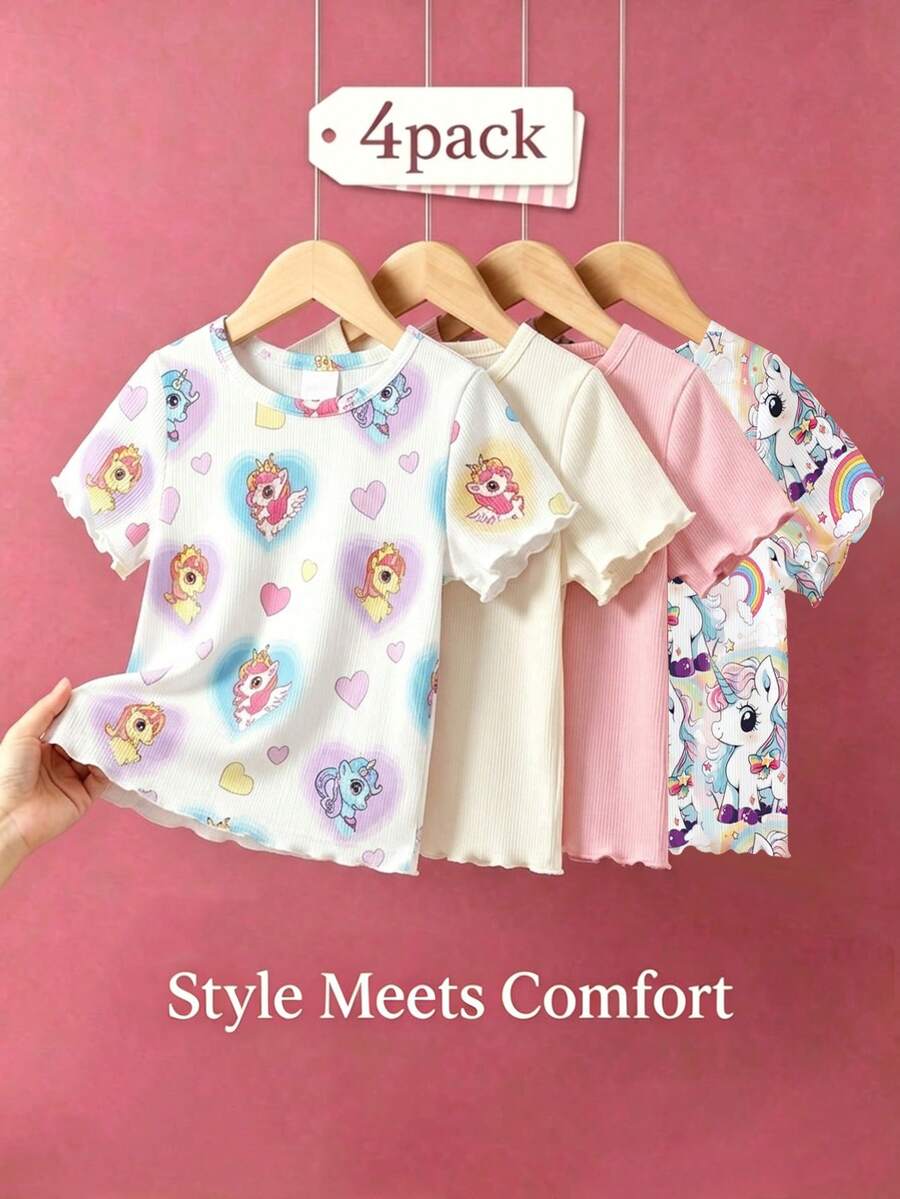 [4 Potong] Set Kaos Lengan Pendek Motif Unicorn Lucu untuk Bayi Perempuan, Gaya Kasual, Sekolah / Jalan-jalan, Musim Panas / Musim Semi & Musim Gugur. - MultiWarna - View 1