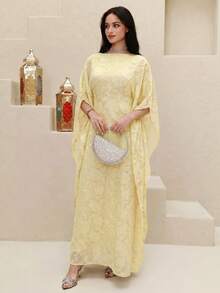 Yasmyna Women's Cut-Out Batwing Sleeve Loose Arabic Traditional Long Tunic - Yellow - View 6