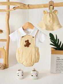 SHEIN Baby Boy's Pastel Yellow Summer Casual Outfit Cute Striped One-Piece Pullover With Bear Embroidery Adjustable Straps & Matching Ear Stud Hat Vacation - Yellow - View 6