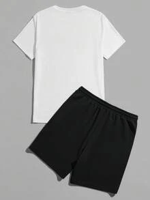 Manfinity BRENVOR Men's Crew Neck Printed Fashion Casual T-Shirt And Shorts 2-Piece Set - Black - View 2
