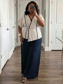 Veslaya Conjunto casual de uso diario para mujer de talla grande con top de cuello en V con bloques de color y pantalones de pierna ancha - Albaricoque - Ver 3