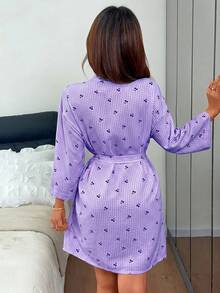 Napfluff Bata casual de mujer con estampado de cuadros de cereza y frente abierto - Morado - Ver 2