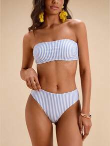Travachic Women's Vintage Striped Print Pattern Swimsuit Set, Suitable For Outings, Beach Vacation, Chic, Cruise Party, Holiday - Multicolor - View 4