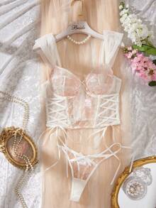 Myrelith 2pcs Embroidered Patchwork Mesh Cross Strap Long Underwire Bra & Panty Set - Multicolor - View 3