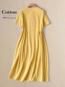 SHEIN Tall CURVE Plus Size Women Floral Print Short Sleeve Button Front Casual Capsule Wardrobe 90s 1950s Vintage Boho Cute Cottage Core Dress Yellow Summer - Yellow - View 4