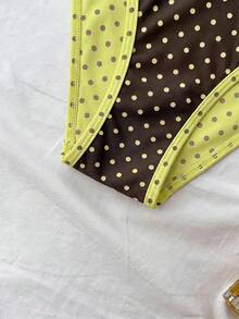 SHEIN 黃色與棕色圓點、可反穿圓點泳衣青少年女孩純色極簡海軍藍&白色對比色細肩帶比基尼套裝，休閒海灘度假穿搭，夏季時尚新品，適合夏季穿著，提供輕鬆舒適的感覺 - 彩色 - 查看 5