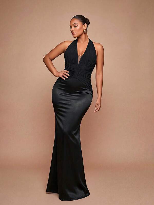 Glamrae Vestido de Noche Formal Elegante Talla Grande Color Champán Satén Brillante Sexy Hombros Descubiertos Cintura Fruncida Estilo Corsé con Ballenas Ajustado Cola de Sirena Cola Larga Para Boda Fiesta Reunión y Banquete