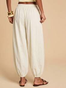 Travachic Women's Casual Solid Color Loose Elastic Waist Long Pants - Apricot - View 2