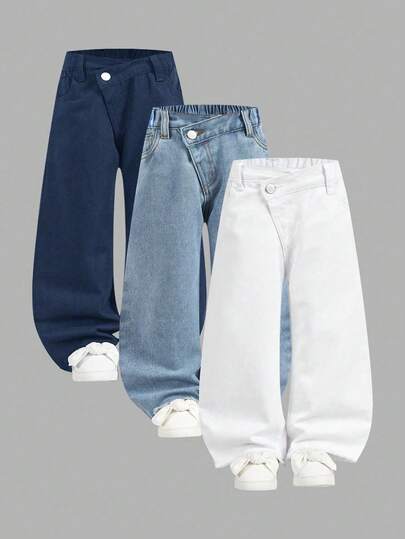 SHEIN YOUNG GIRLS BOHO CASUAL BASIC Asymmetrical ELASTIC WAIST RAW HEM CROP JEANS 3 Pieces Set WITH FLAT POCKETS DAILY OOTD ITEMS Back-To-School Blue Summer