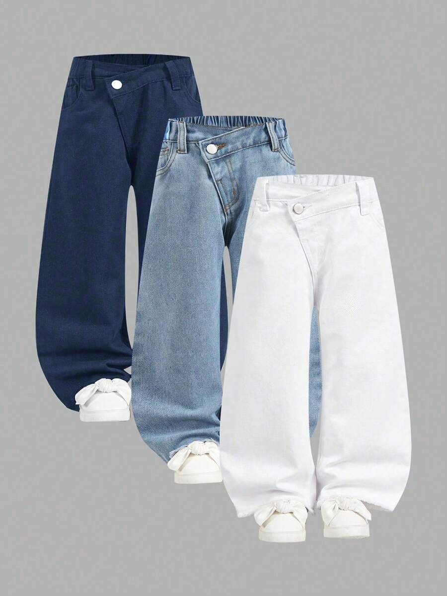 SHEIN 少女波希米亞休閒基礎款不對稱彈性腰生邊短版牛仔褲 3件套 平口袋 日常穿搭開學季 藍色 夏季 - 彩色 - 查看 1